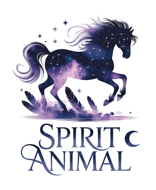 Spirit Animal composition notebook cover featuring a dreamlike horse silhouette rendered with flowing, smoky lines and constellation patterns. The design incorporates subtle spiritual elements against a deep background of night sky blues and purples with metallic accents. Elegant text reads 'SPIRIT ANIMAL,' creating an ethereal, mystical appearance that suggests the horse is emerging from or returning to another realm.