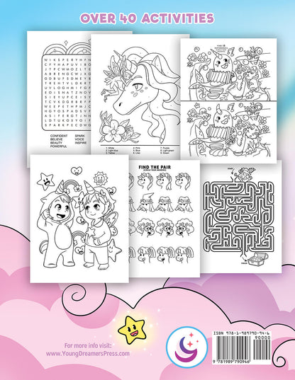 Back cover to the Unicorn activity book featuring sample pages showcasing word search, color by number, spot the difference, coloring page, and maze