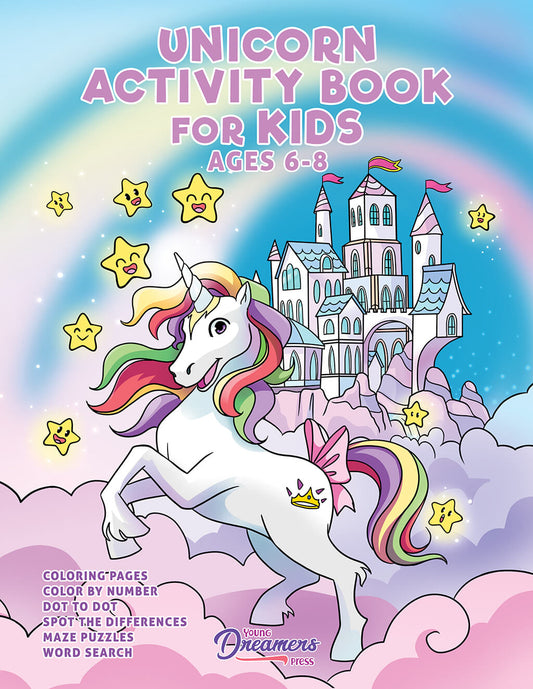 Unicorn activity book cover featuring unicorn with rainbow colored hair against a blue/pink background and castle with stars
