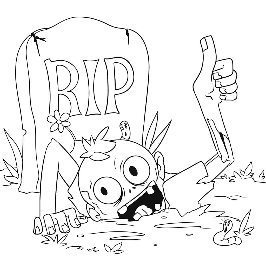En zombie som klättrar upp ur graven och ger tummen upp bredvid en gravsten i en skrämmande Halloweenscen.