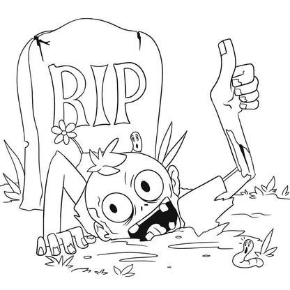 En zombie som klättrar upp ur graven och ger tummen upp bredvid en gravsten i en skrämmande Halloweenscen.