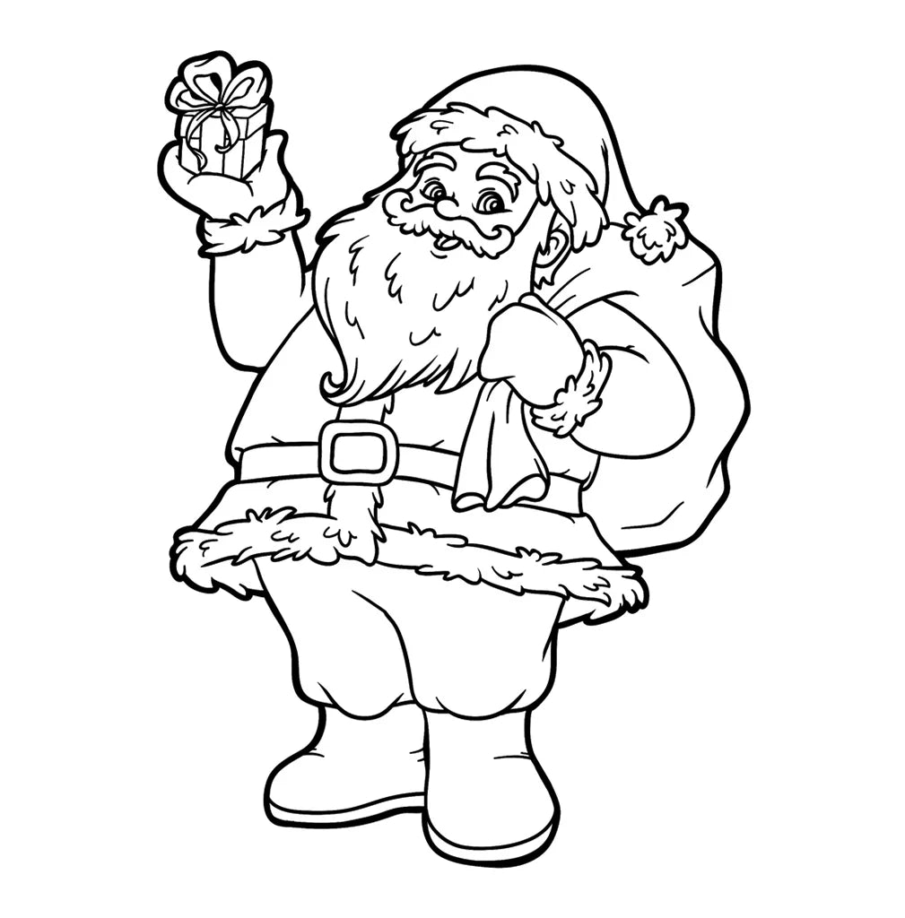 Babbo Natale con un piccolo regalo e un sacco, disegno di Natale da colorare
