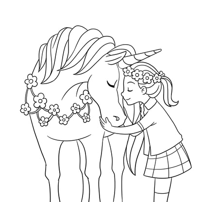 Meisje met bloemenkrans knuffelt een eenhoorn, lieve kleurplaat voor kinderen
