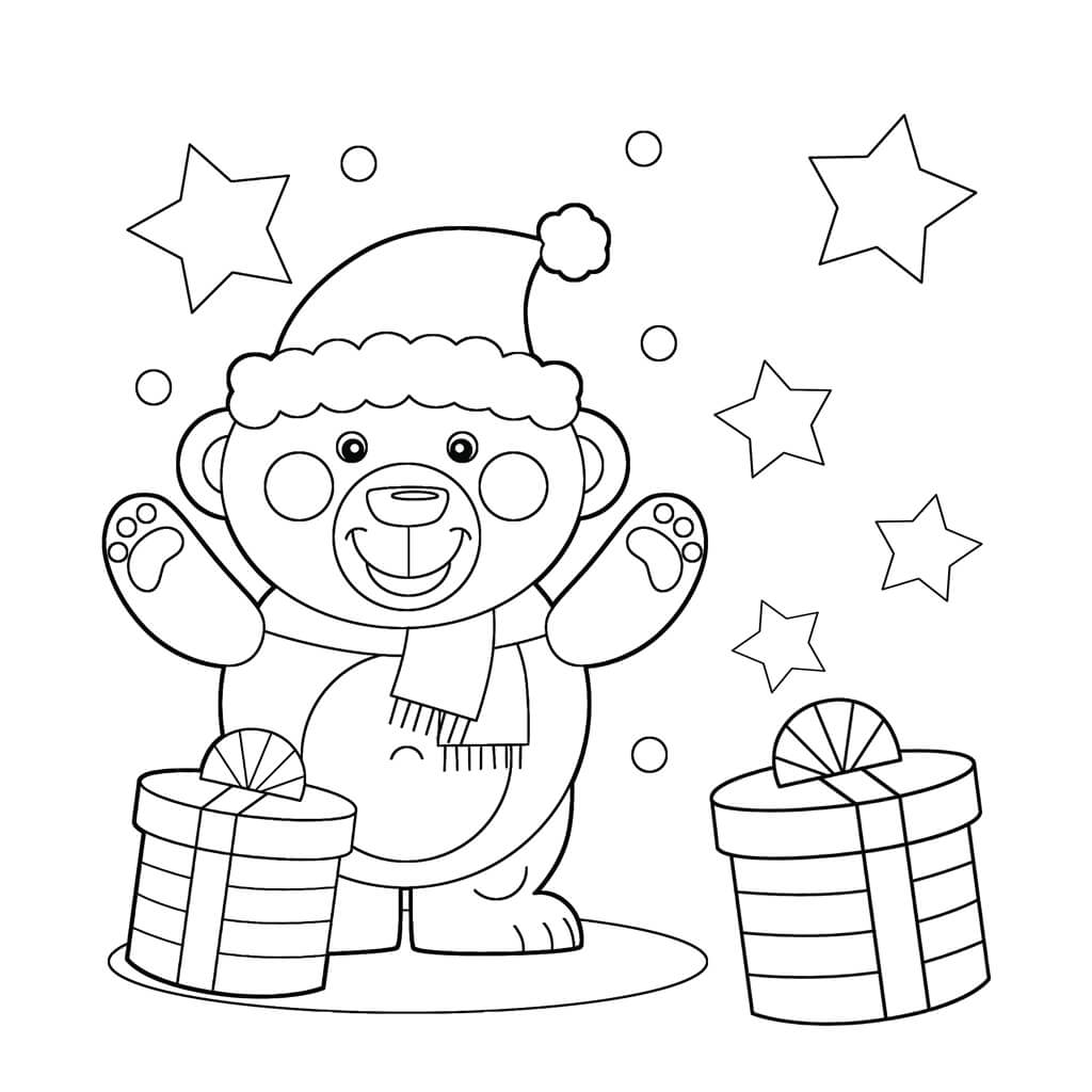 Smiling bear wearing santa hat and scarf surrounded by stars and presents kids coloring page