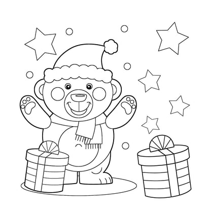 Smiling bear wearing santa hat and scarf surrounded by stars and presents kids coloring page