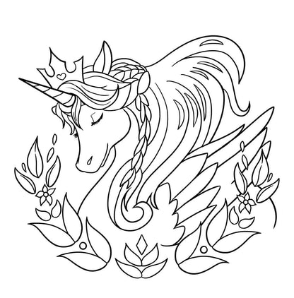 Beautiful and serene unicorn with eyes closed and art nouveau-esque border of flowers and tulips