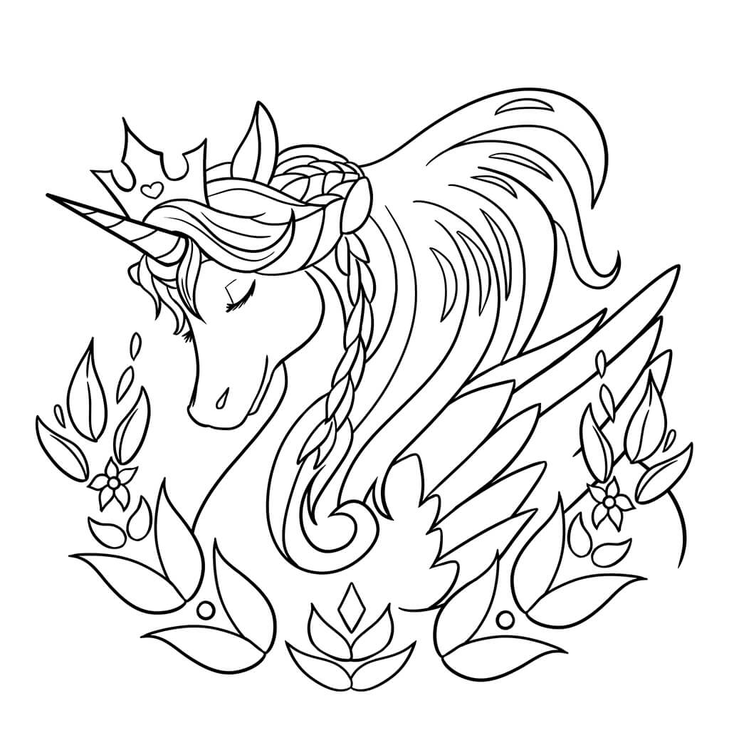 Beautiful and serene unicorn with eyes closed and art nouveau-esque border of flowers and tulips