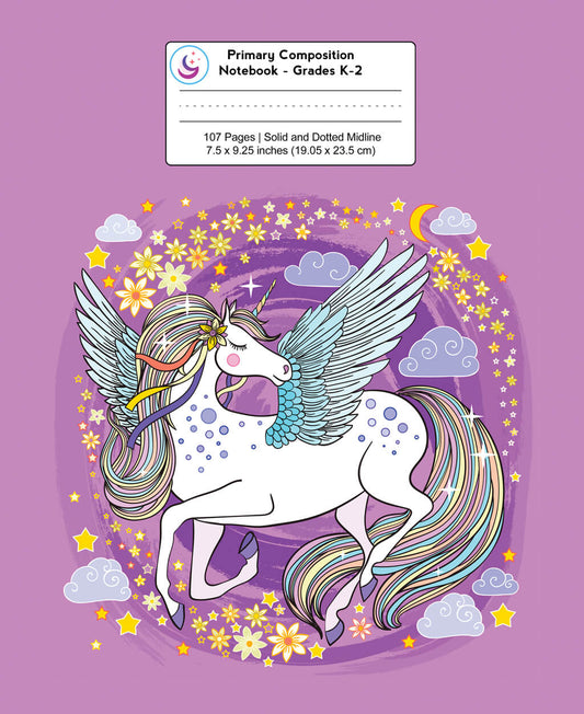 Primary journal K 2 cover featuring a magical winged unicorn with rainbow-colored mane and tail on a purple background. The unicorn has a golden horn and blue wings, surrounded by stars, flowers, clouds, and a crescent moon. The top of the cover displays 'Primary Composition Notebook - Grades K-2' with information about '107 Pages | Solid and Dotted Midline' and dimensions '7.5 x 9.25 inches (19.05 x 23.5 cm)'.