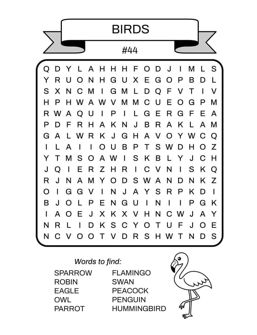 Birds word search puzzle #44 for kids 6-8 featuring vocabulary words including sparrow, flamingo, and penguin. Includes flamingo illustration for coloring, ideal for elementary students.