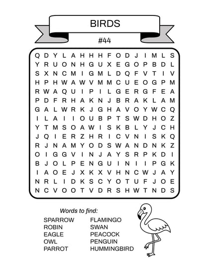 Birds word search puzzle #44 for kids 6-8 featuring vocabulary words including sparrow, flamingo, and penguin. Includes flamingo illustration for coloring, ideal for elementary students.