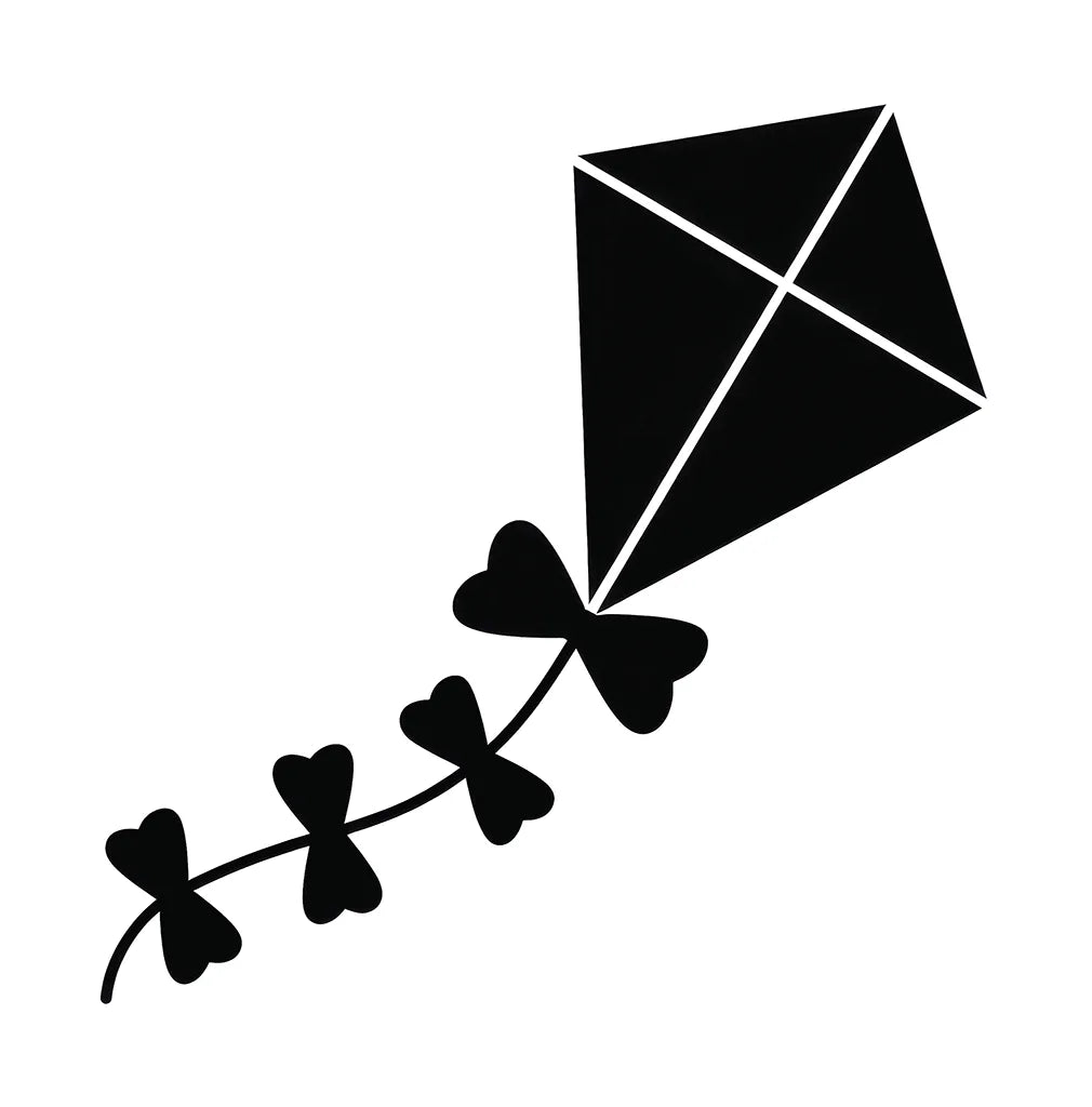Black silhouette of a kite with a string on a white background