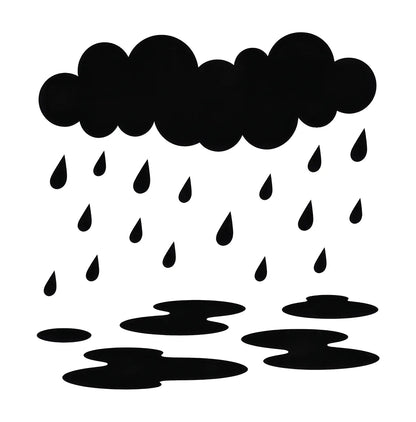 Black cloud with raindrops and puddles on a white background