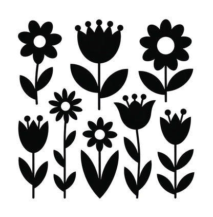 Black floral silhouettes on a white background