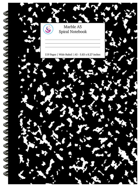 Marble A5 Spiral Notebook: Black Marble Wide Ruled Journal