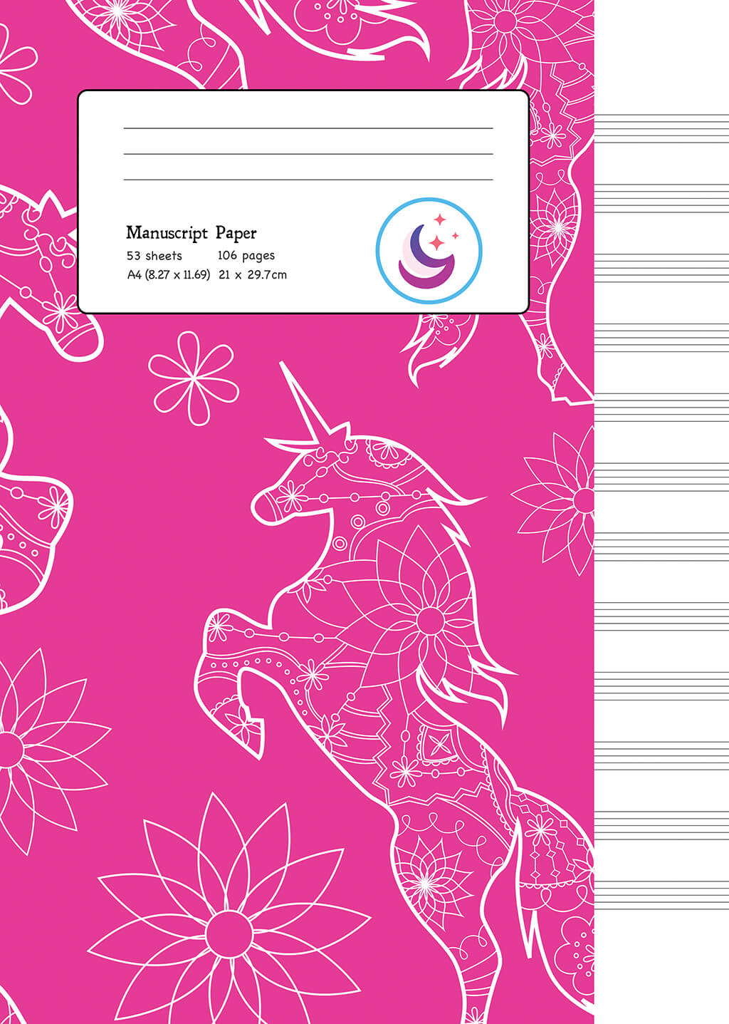 Manuscript Paper: Floral Unicorn | A4 Blank Sheet Music Notebook