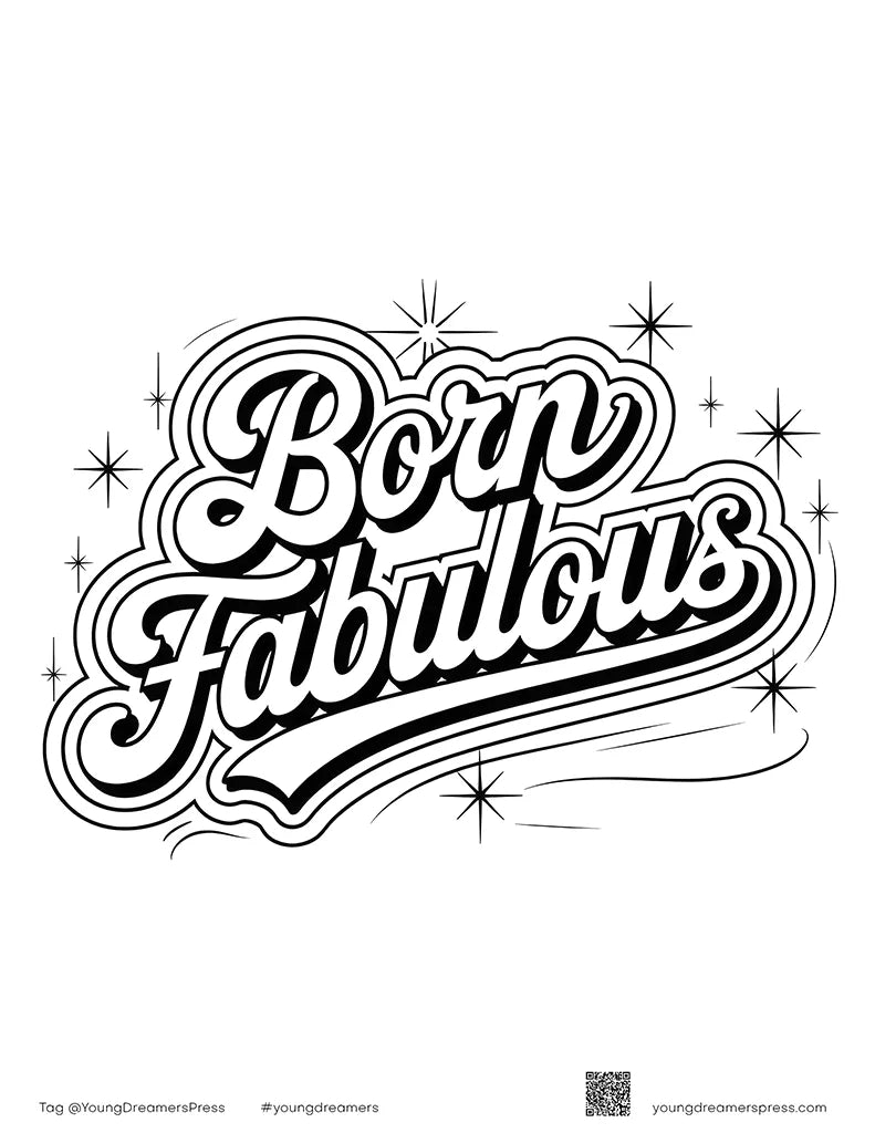 Born Fabulous coloring page with retro lettering and sparkles, free pride printable for kids