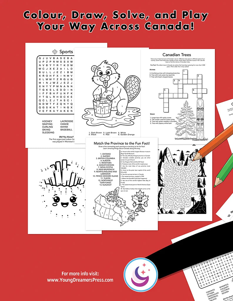 Educational activity book with coloring, word search, and crossword puzzles on a red background.