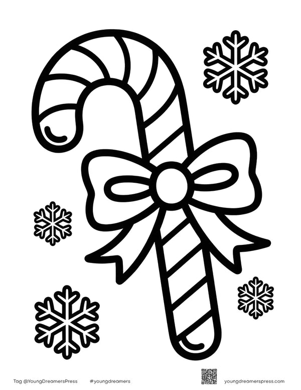 Candy cane with a bow and snowflakes, bold-outline coloring page for toddlers