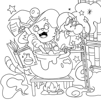 Cat witch stirring potion as mouse assists