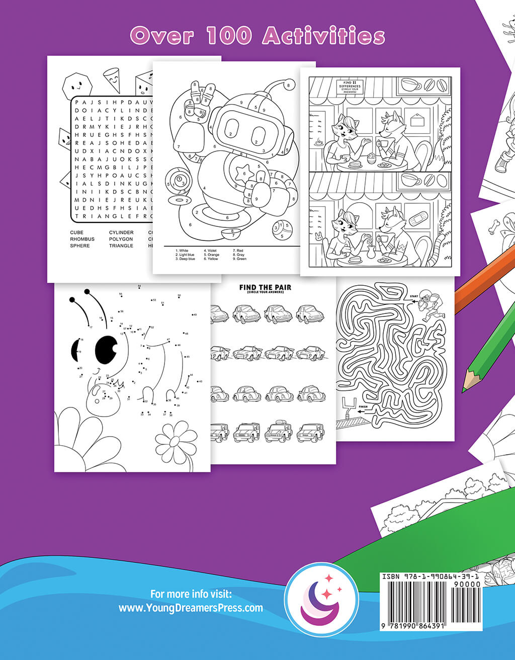 Back cover to Activity book for kids showcasing word search, color by number, spot the difference, dot to dot and maze puzzle sample pages
