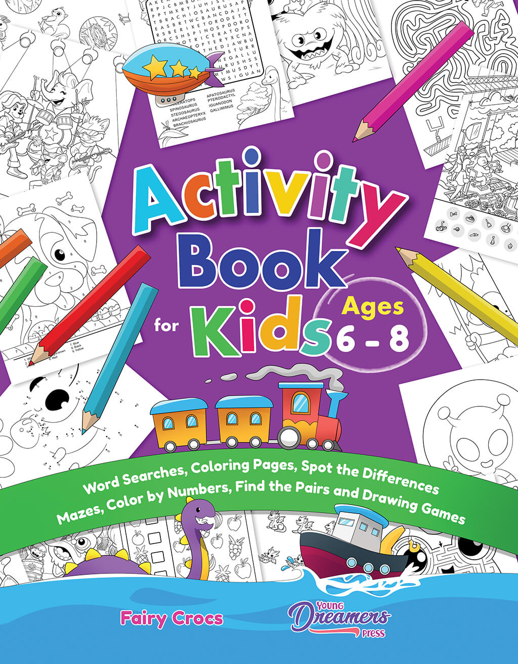 Activity book for kids ages 6-8 cover featuring an array of puzzles for kids