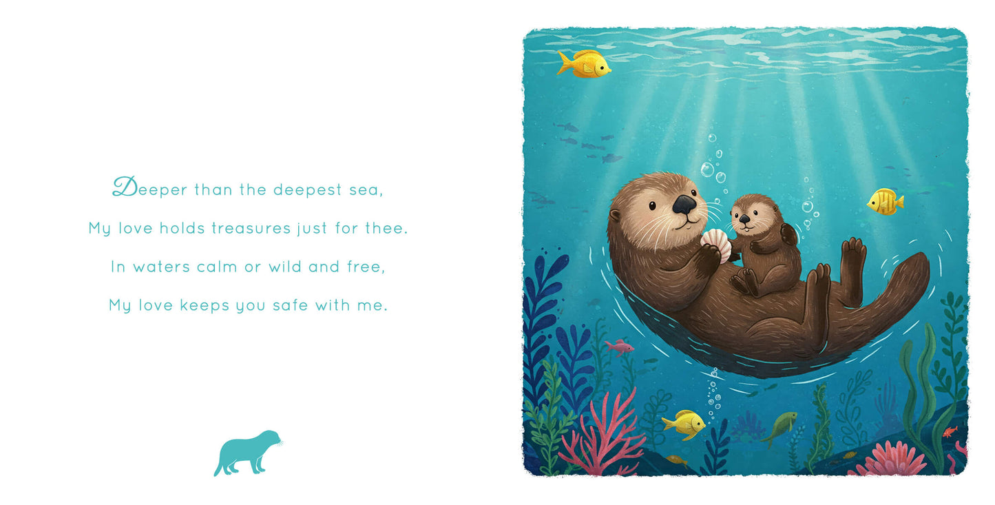 Children's book spread showing otter mother and pup floating in ocean with colorful fish and rhyming text about deep love.
