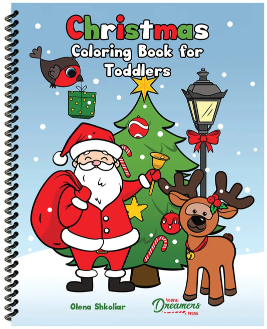 Spiral-bound Christmas Coloring Book for Toddlers cover by Olena Shkoliar with festive illustrations