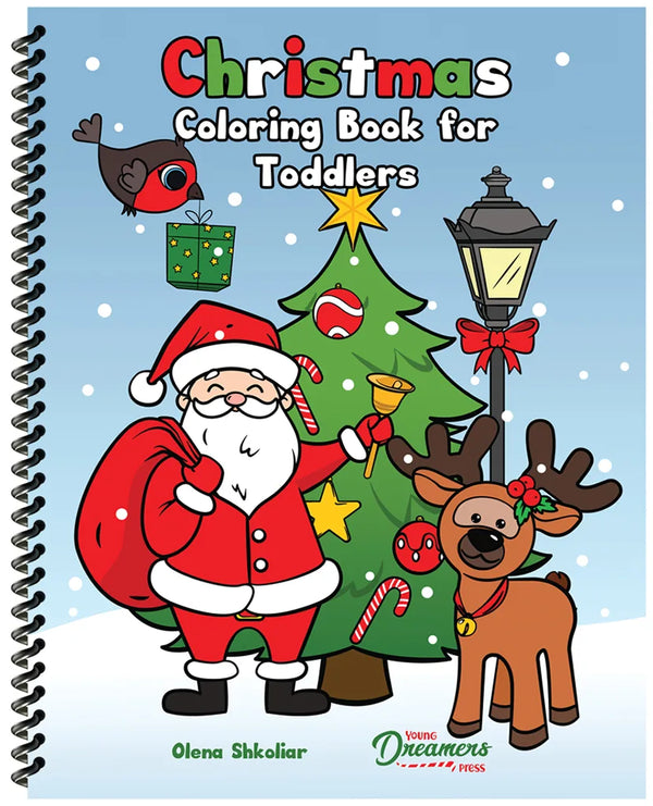 Spiral-bound Christmas Coloring Book for Toddlers cover by Olena Shkoliar with festive illustrations