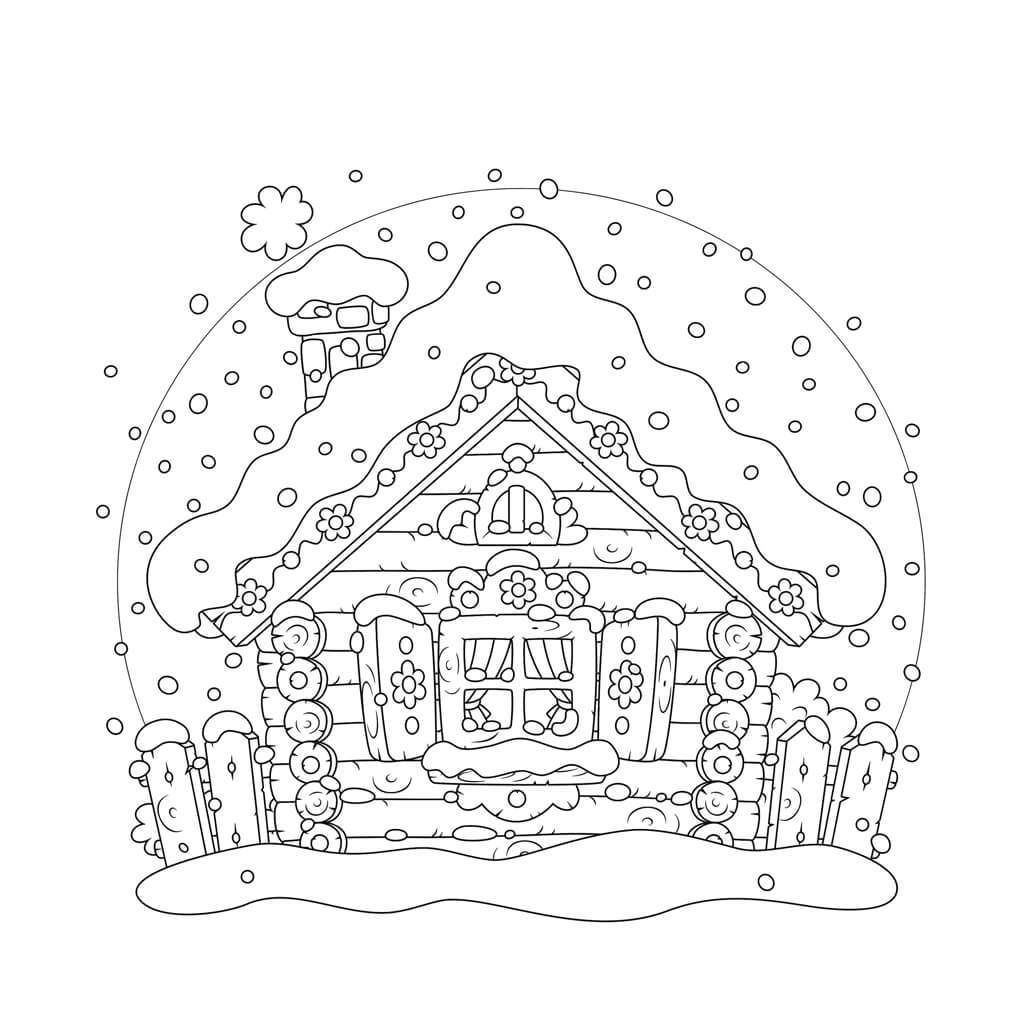 Snow covered small cabin within a snow globe kids coloring page