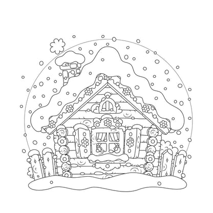 Snow covered small cabin within a snow globe kids coloring page