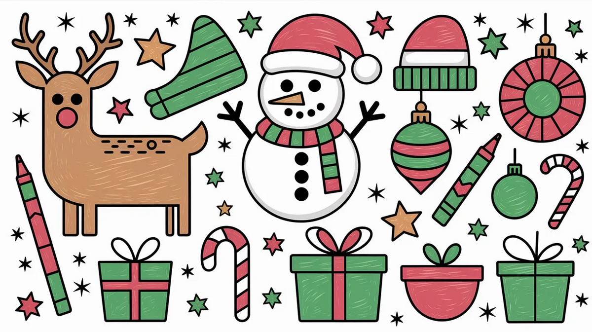 Crayon-colored Christmas coloring page illustrations of a reindeer, snowman, ornaments, candy canes and presents