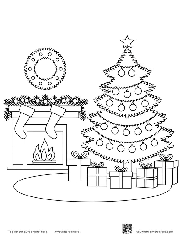 Christmas morning fireplace with hanging stockings, a decorated tree and presents, coloring page