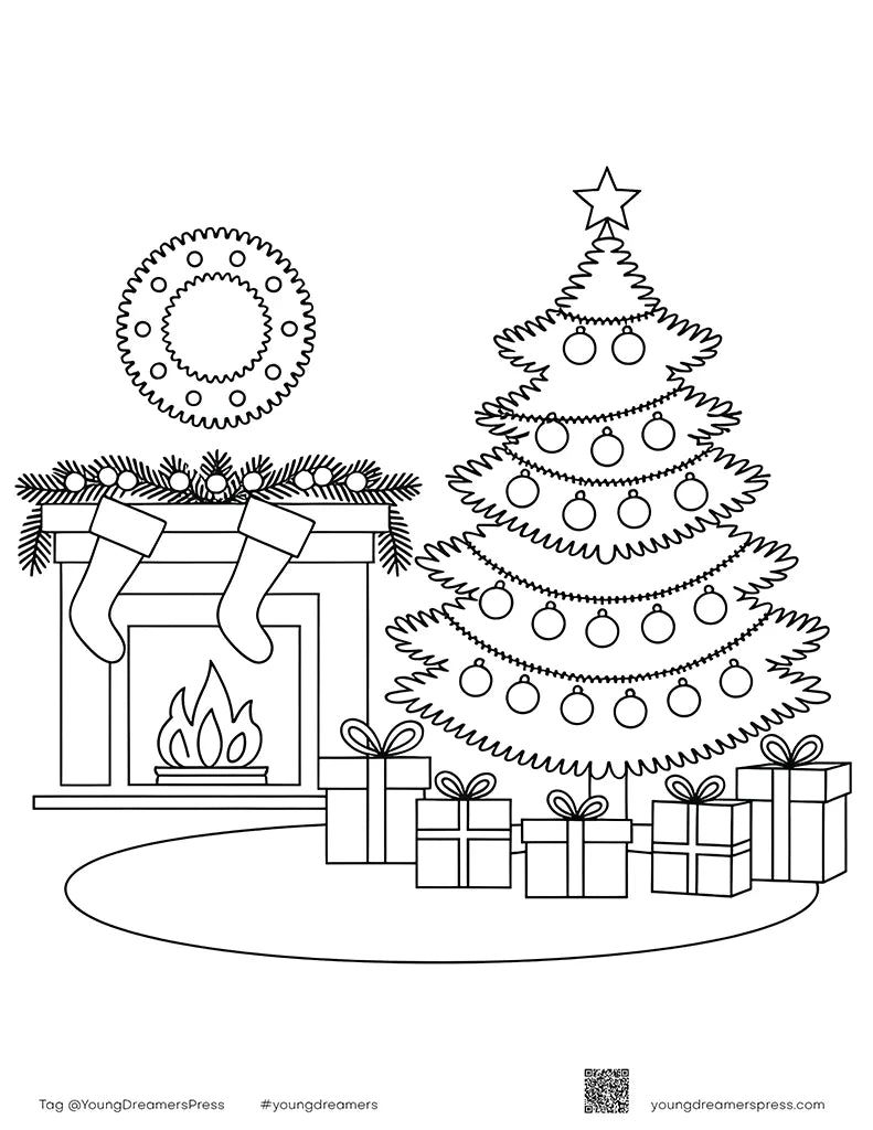 Christmas morning fireplace with hanging stockings, a decorated tree and presents, coloring page