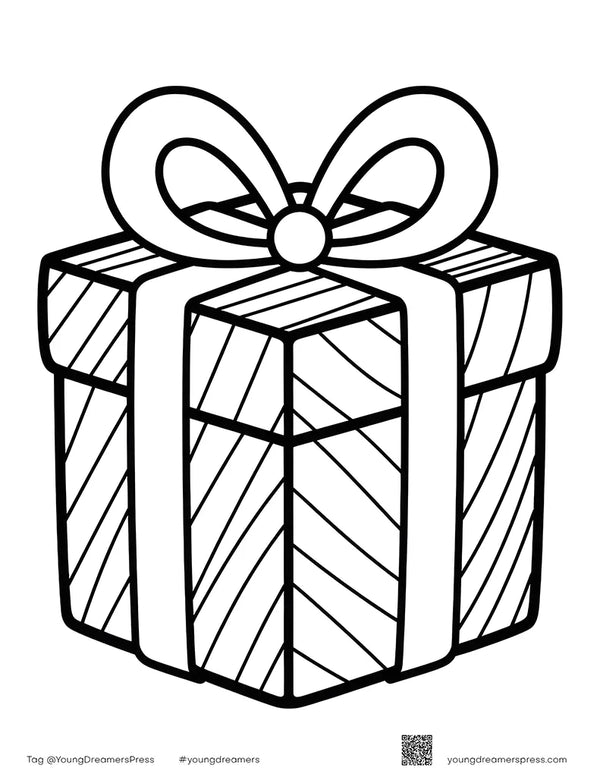 Christmas present with a big bow and striped wrapping, easy coloring page for toddlers