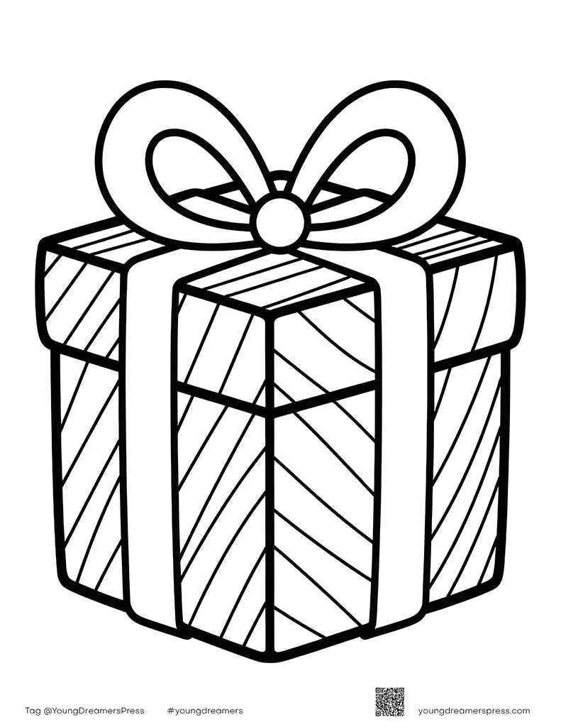 Christmas present with a big bow and striped wrapping, easy coloring page for toddlers