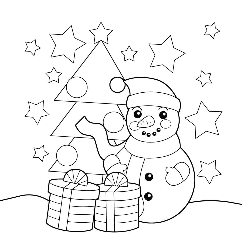 Snowman wearing hat and gloves with tree and stars in background kids coloring page