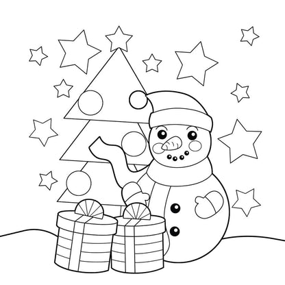 Snowman wearing hat and gloves with tree and stars in background kids coloring page