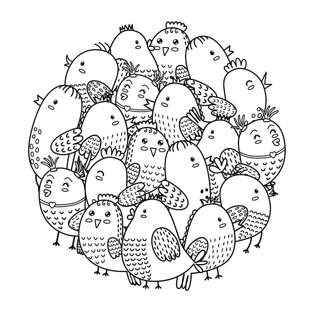 Cute chicks in circular pattern for kids coloring page