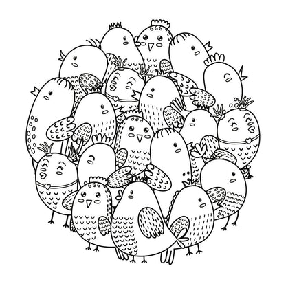 Cute chicks in circular pattern for kids coloring page