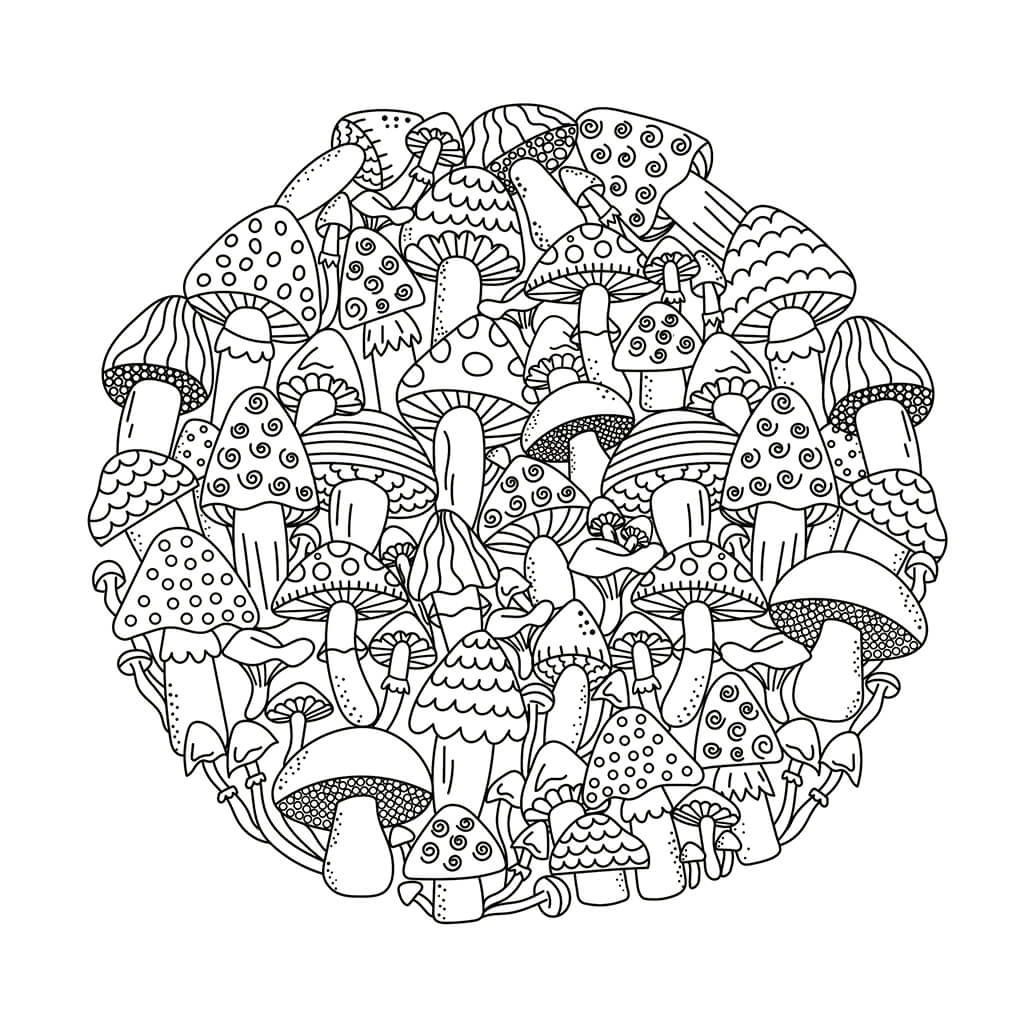 Doodle mushrooms in a circular pattern kids coloring page