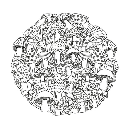 Doodle mushrooms in a circular pattern kids coloring page
