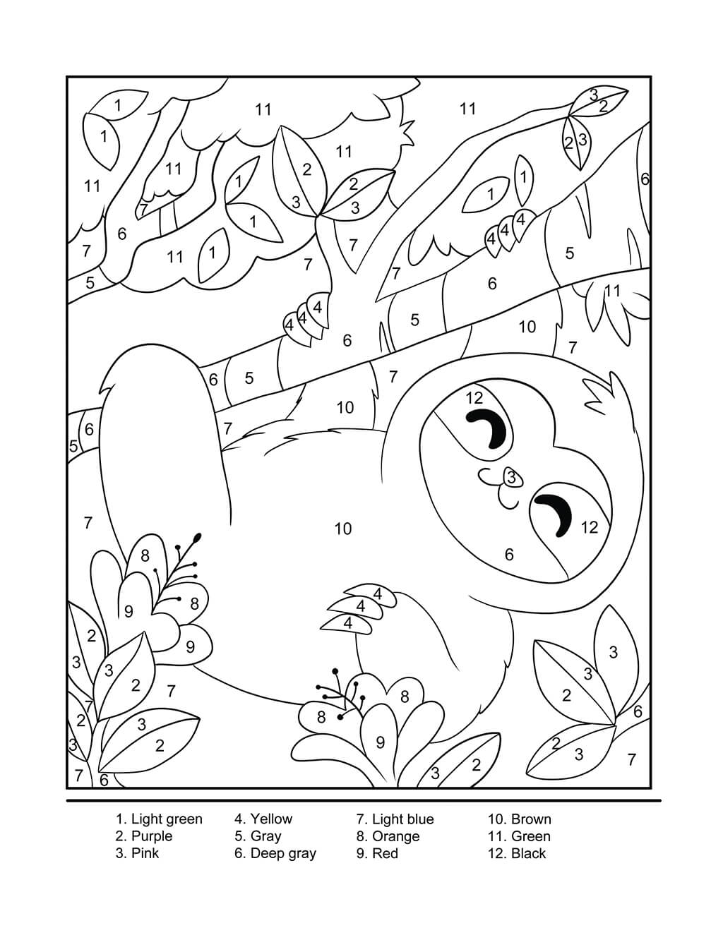 Sloth color by number for kids
