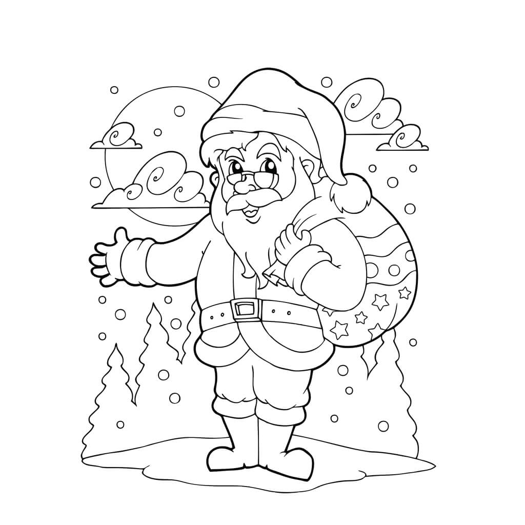 Santa Claus with sack of gifts in a wintery scene kids coloring page
