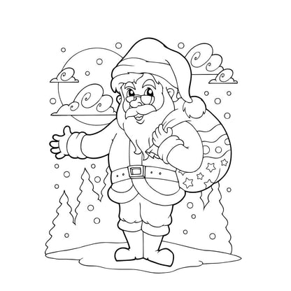 Santa Claus with sack of gifts in a wintery scene kids coloring page