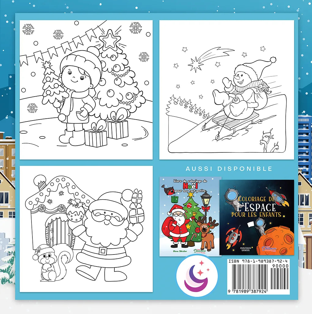 Coloriage de Noël pour les tout-petits, quatrième de couverture avec aperçu: bonhomme de neige en luge et Père Noël