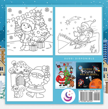 Coloriage de Noël pour les tout-petits, quatrième de couverture avec aperçu: bonhomme de neige en luge et Père Noël