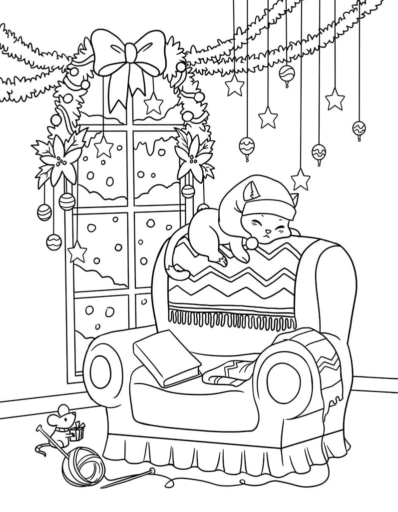 Coloriage de Noël d'un chat endormi sur un fauteuil près d'une fenêtre décorée