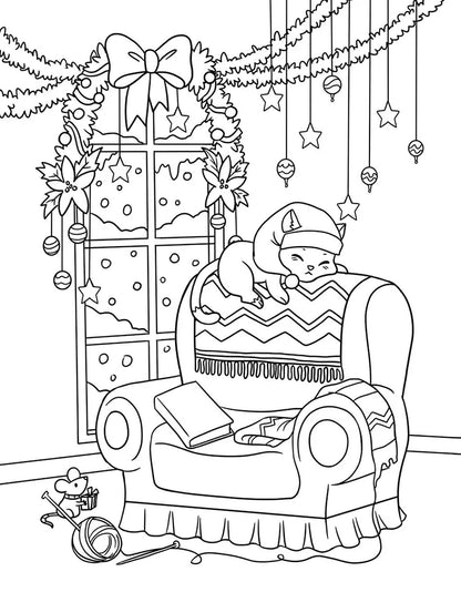 Coloriage de Noël d'un chat endormi sur un fauteuil près d'une fenêtre décorée