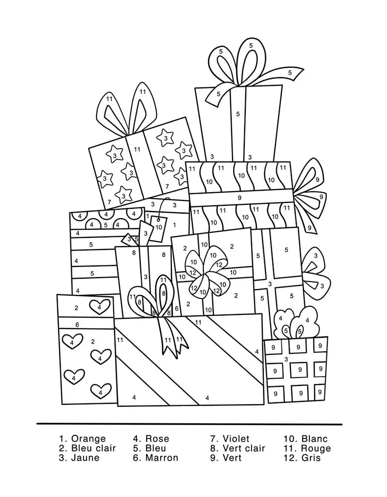 Coloriage par numéros de Noël avec une pile de cadeaux et la légende des couleurs