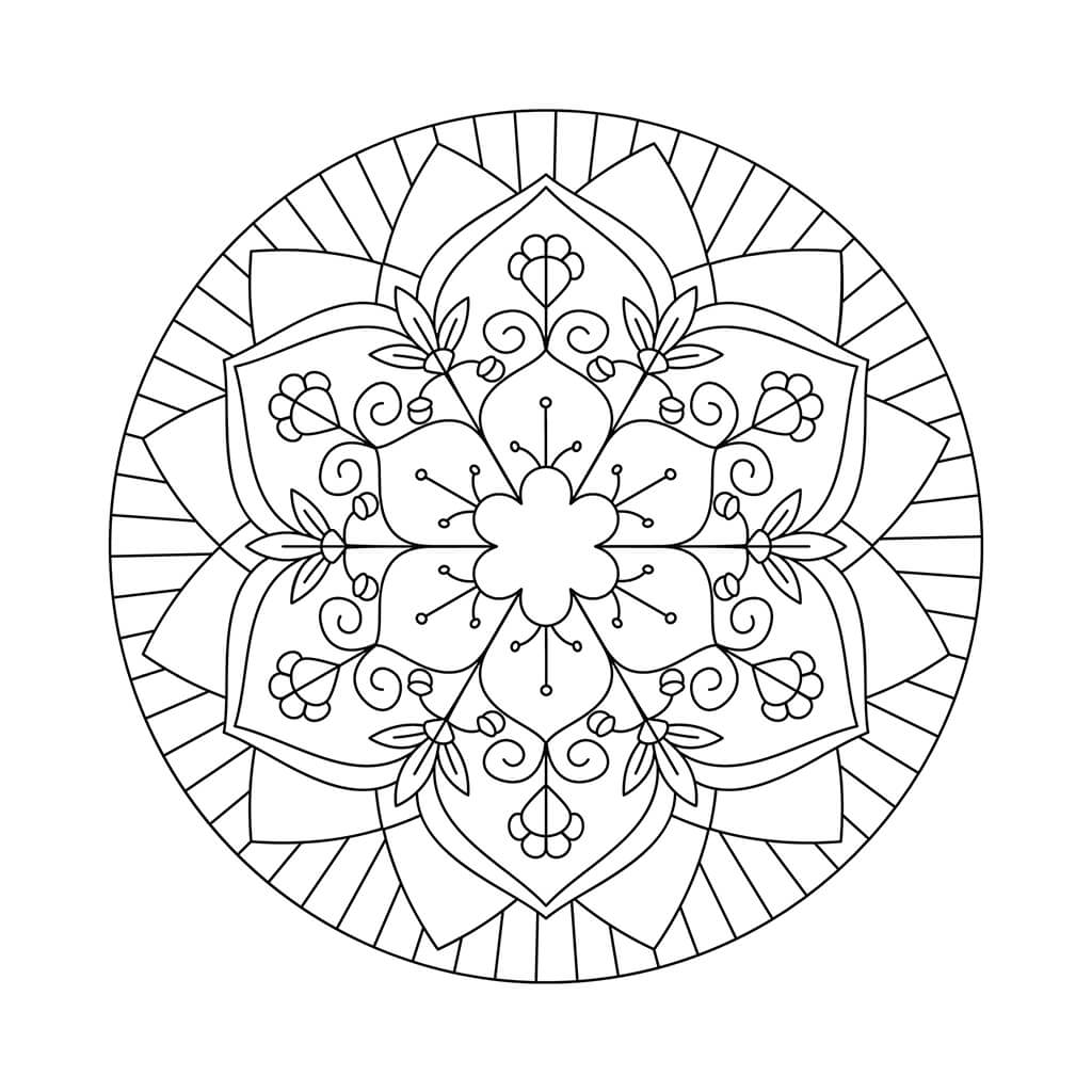 Simple mandala with floral design, large open areas and grid lines.